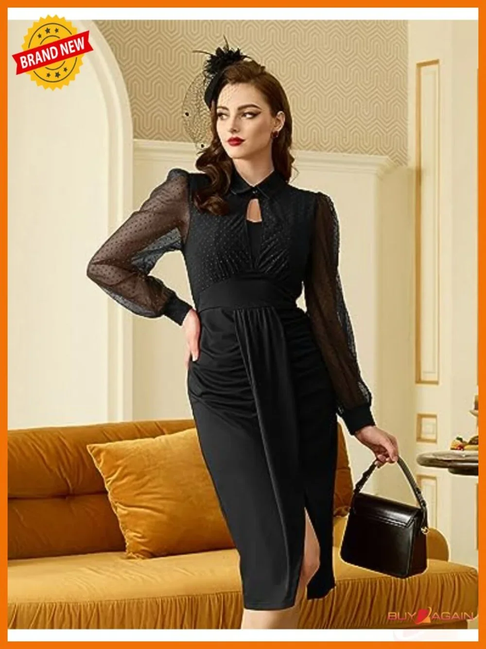 Belle Poque Women's Vintage Mesh Long Sleeve Ruched Bodycon Midi Dress